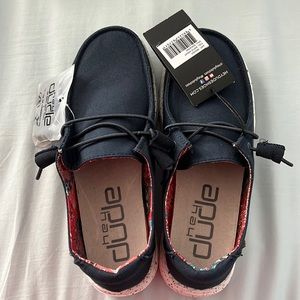 Womens hey dude size 6 navy/white shoes. Brand new with tags